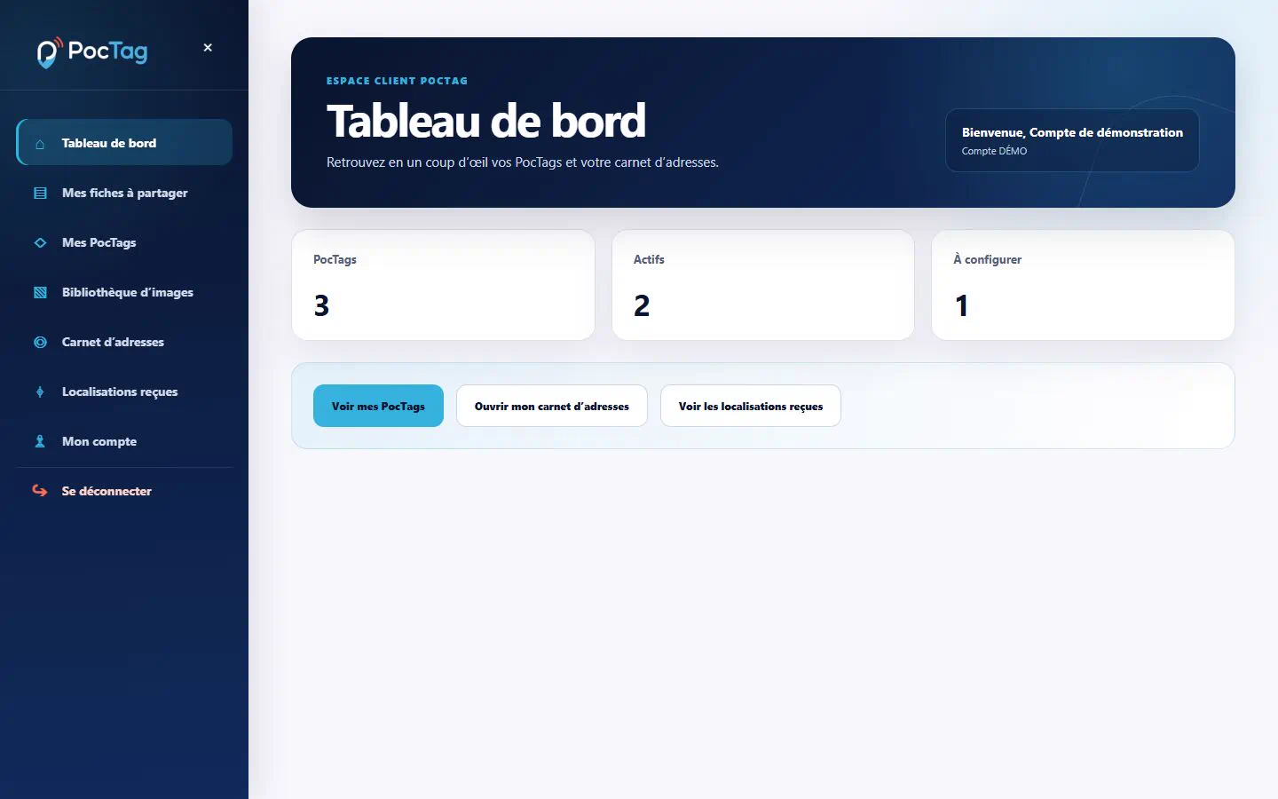 Tableau de bord de l’espace client PocTag, avec navigation, résumé des PocTags et accès au carnet d’adresses