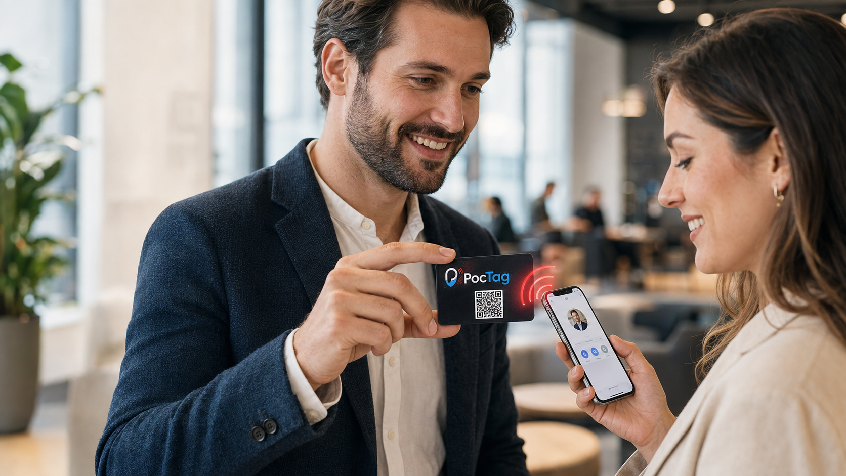 Un professionnel présente une carte PocTag pendant qu’une interlocutrice consulte sa fiche sur smartphone