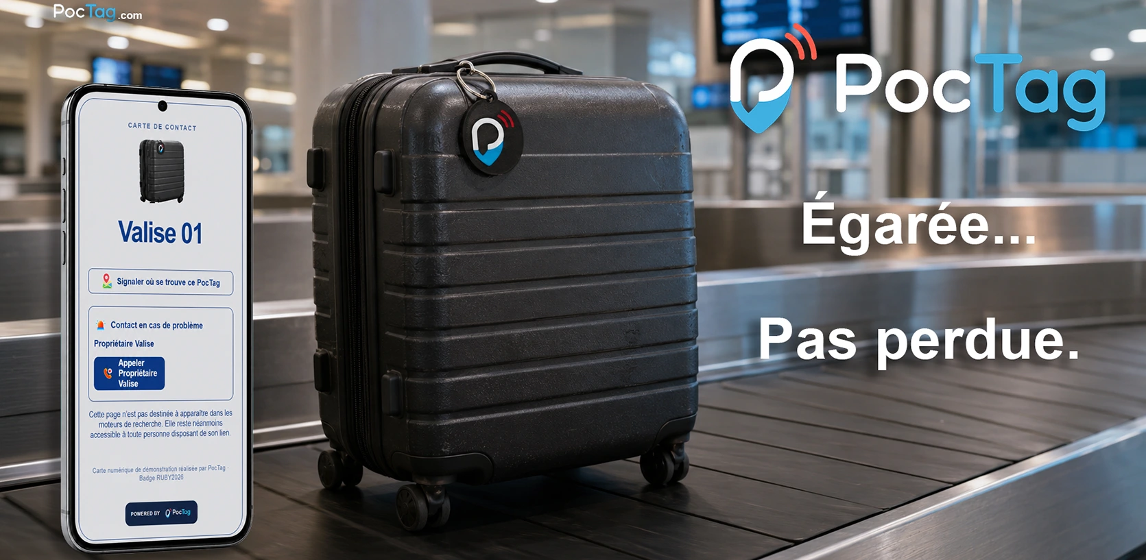 Une valise équipée d’un médaillon PocTag est identifiée sur un tapis à bagages grâce à sa fiche